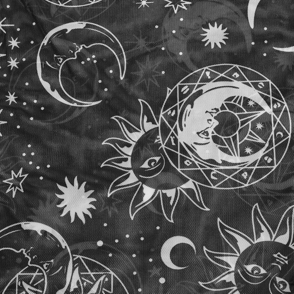 Black mesh fabric featuring a gothic sun and moon print, perfect for edgy fashion lovers.