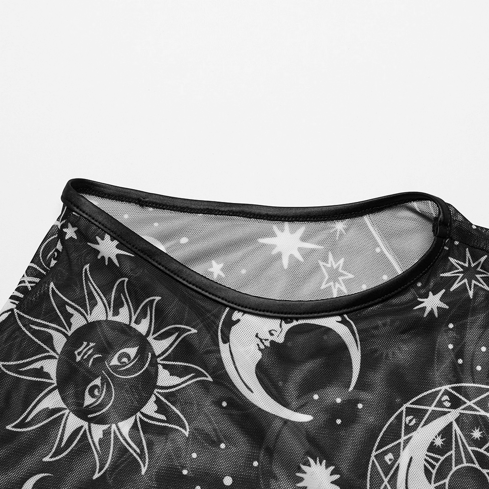 Black mesh sleeveless top with sun and moon celestial print, perfect for goth-inspired fashion.