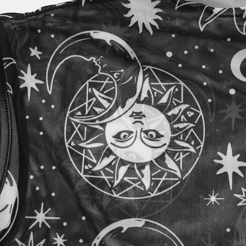 Black mesh fabric featuring intricate sun and moon celestial print for a gothic sleeveless top.