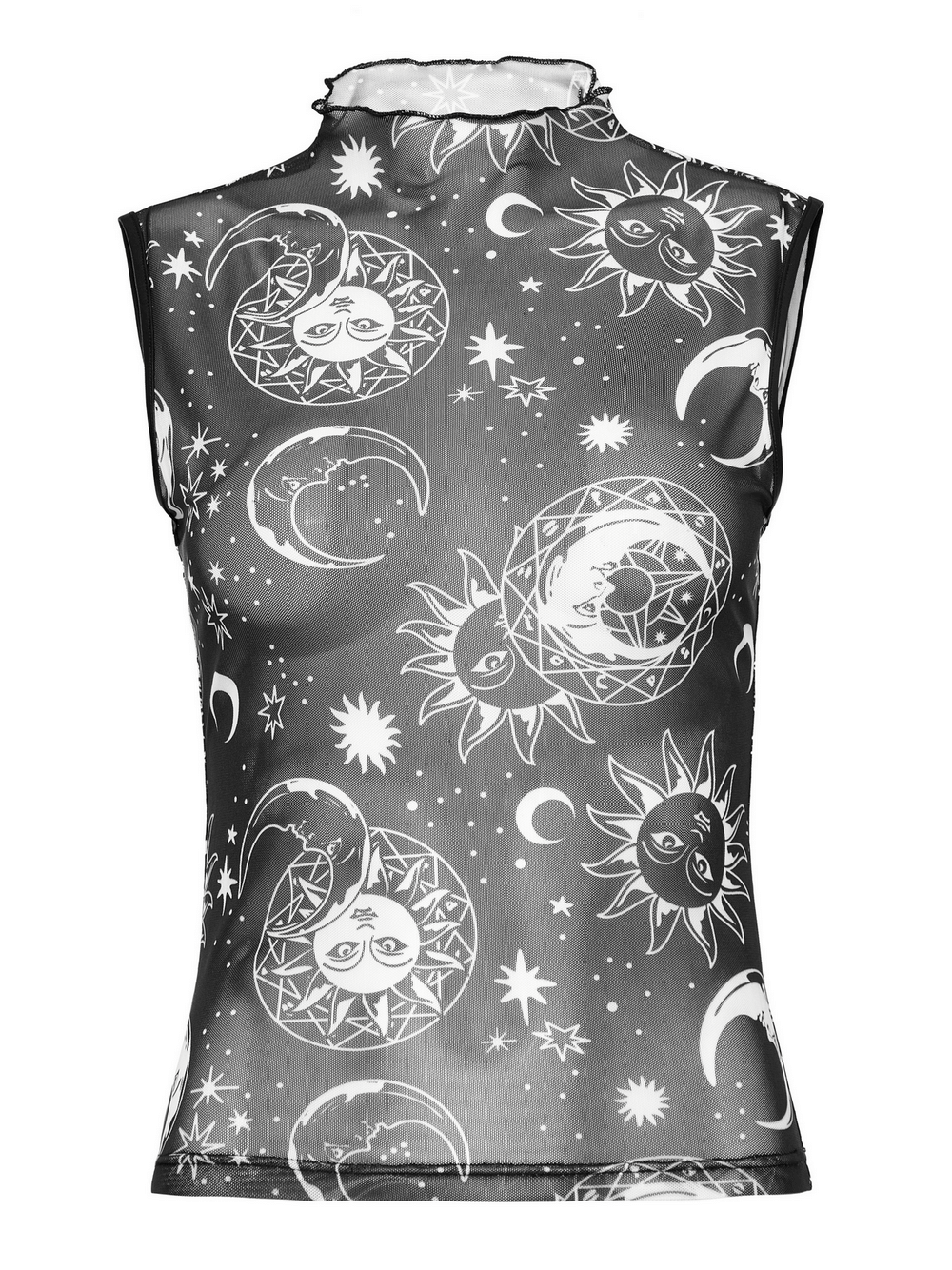 Gothic black mesh sleeveless top featuring celestial sun and moon print, perfect for edgy style.