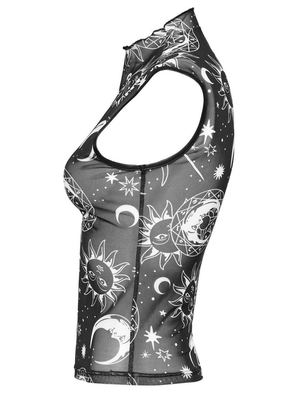 Gothic black mesh sleeveless top featuring striking sun and moon print, perfect for edgy style.