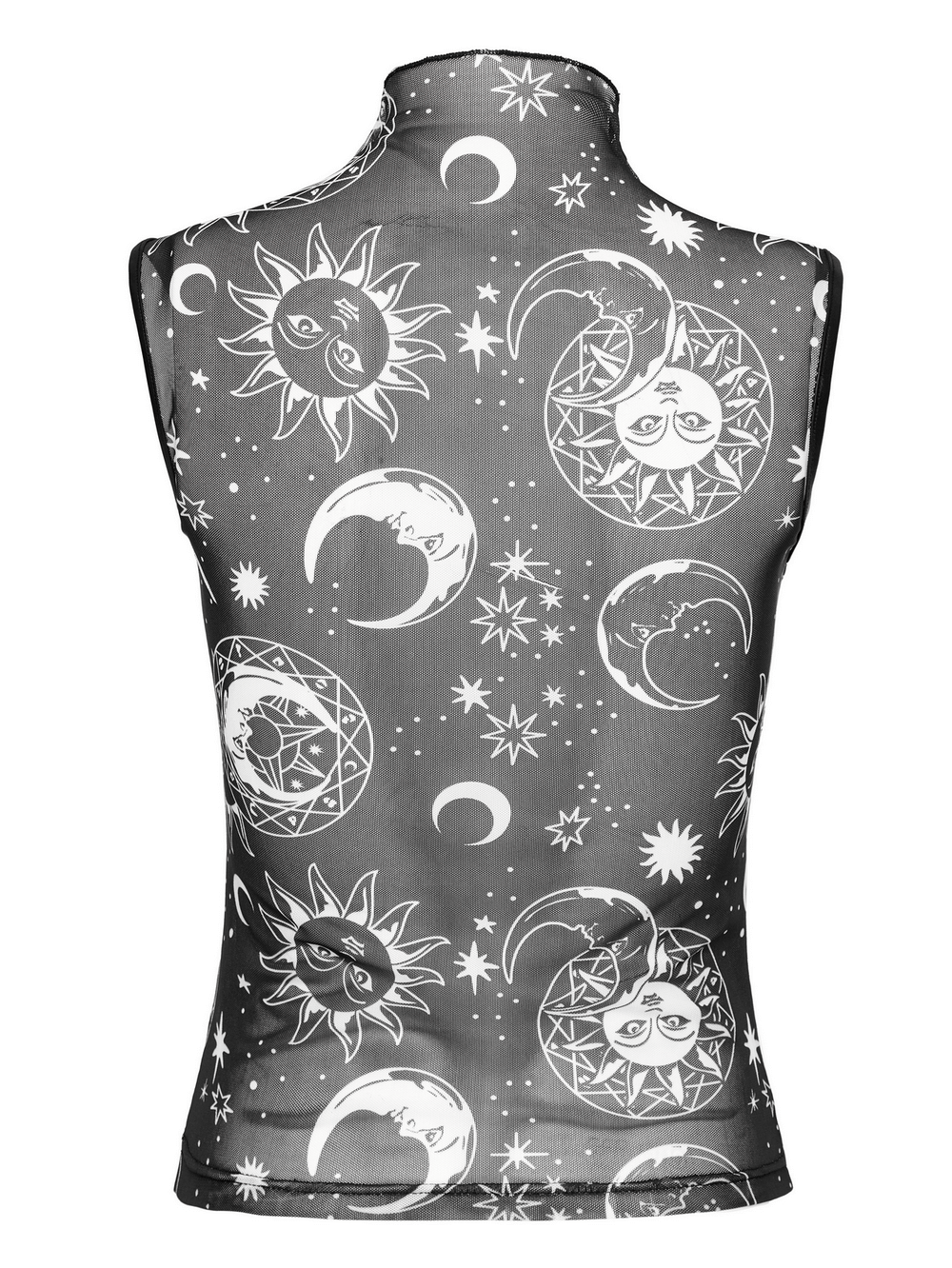 Gothic black mesh sleeveless top featuring a celestial sun and moon print, perfect for edgy style.