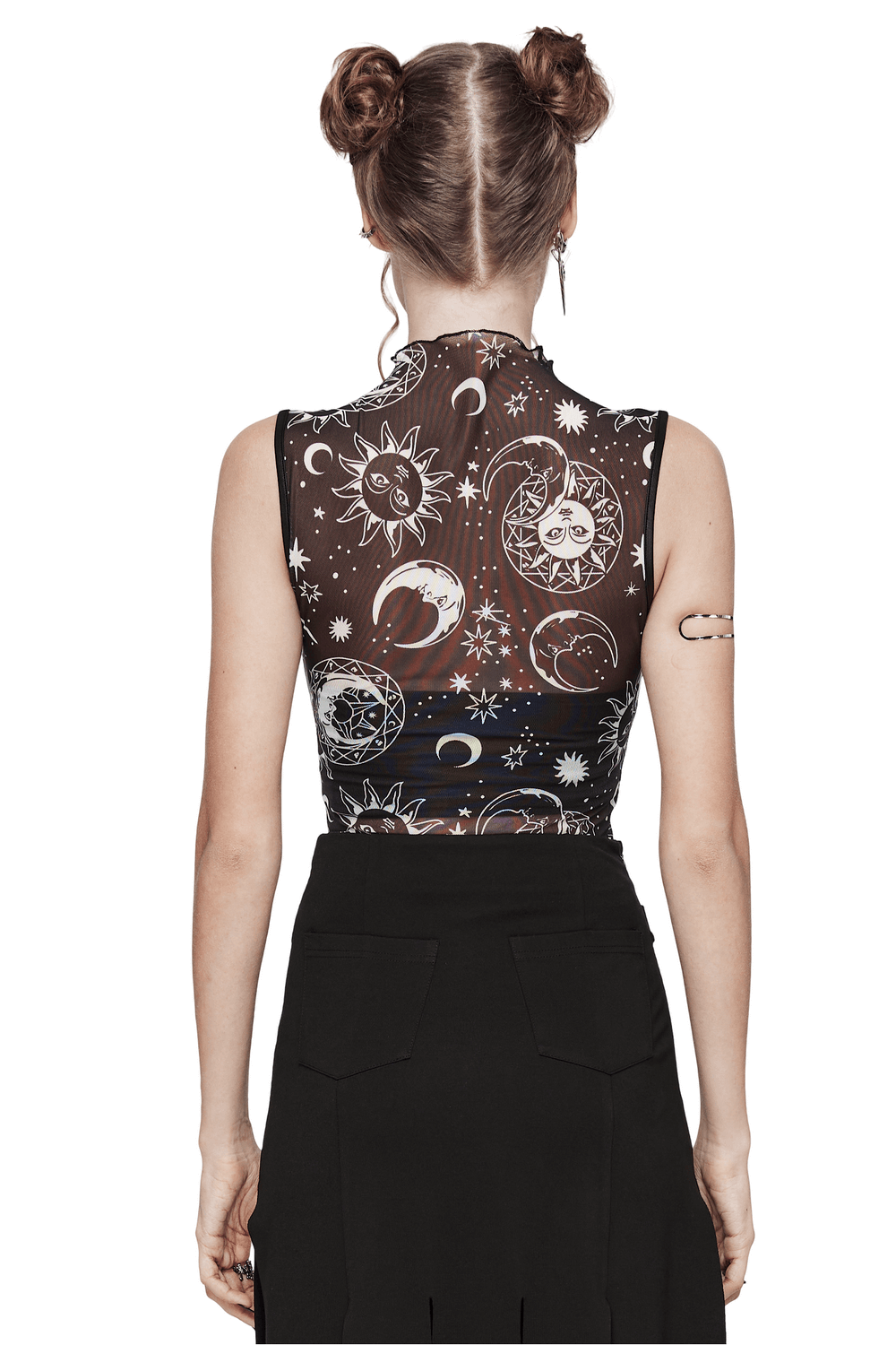 Gothic black mesh sleeveless top featuring sun and moon print, perfect for adding a celestial edge to your look.