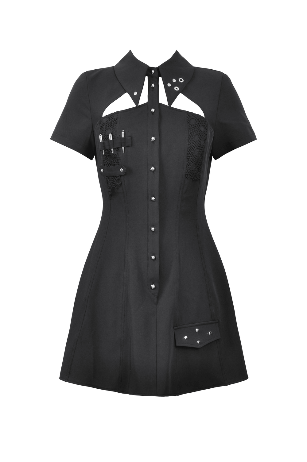 Gothic black mini dress with metal studs, short sleeves, and pockets, perfect for bold fashion statements.
