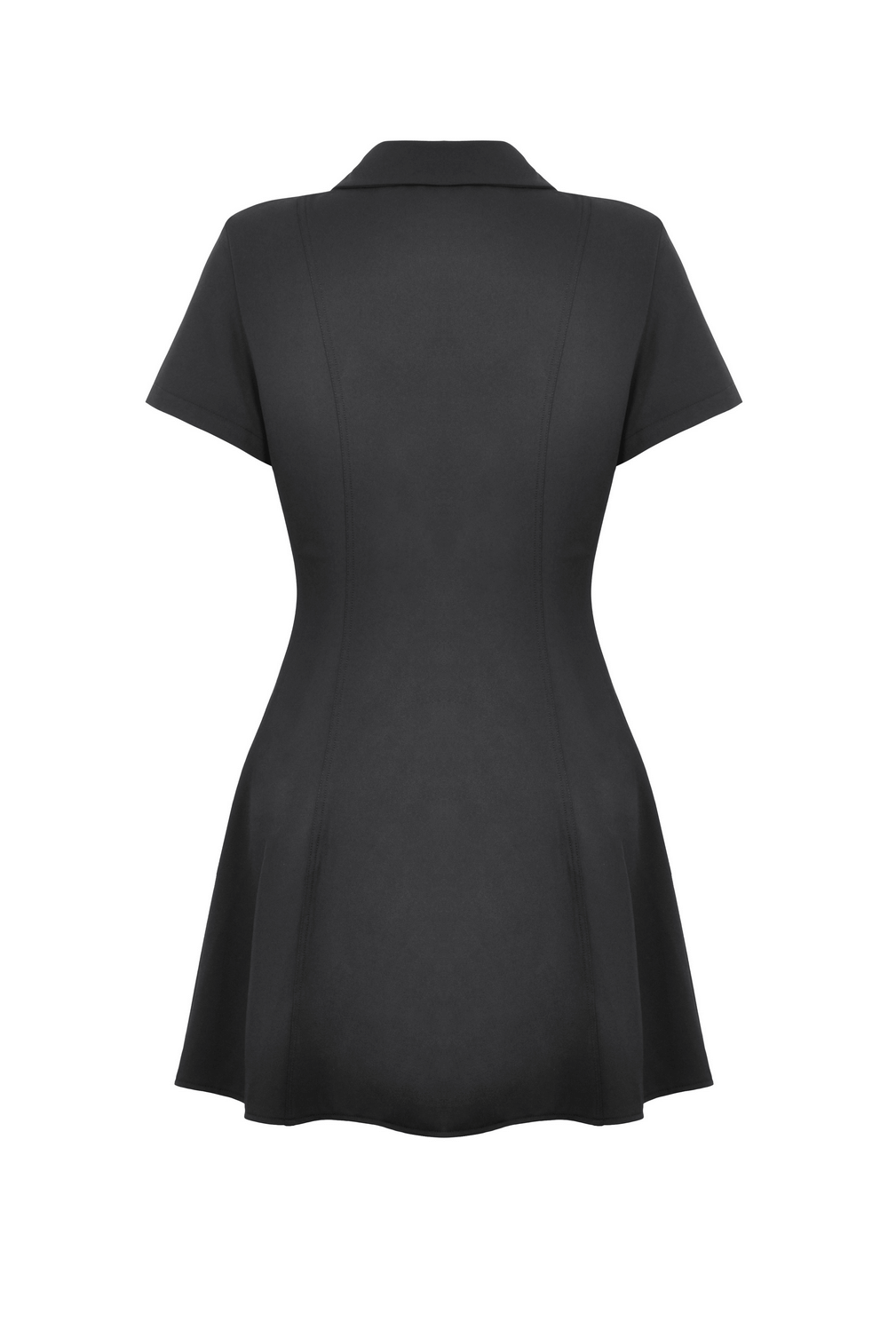 Back view of Gothic black mini dress with short sleeves and fitted silhouette, perfect for bold fashion statements.