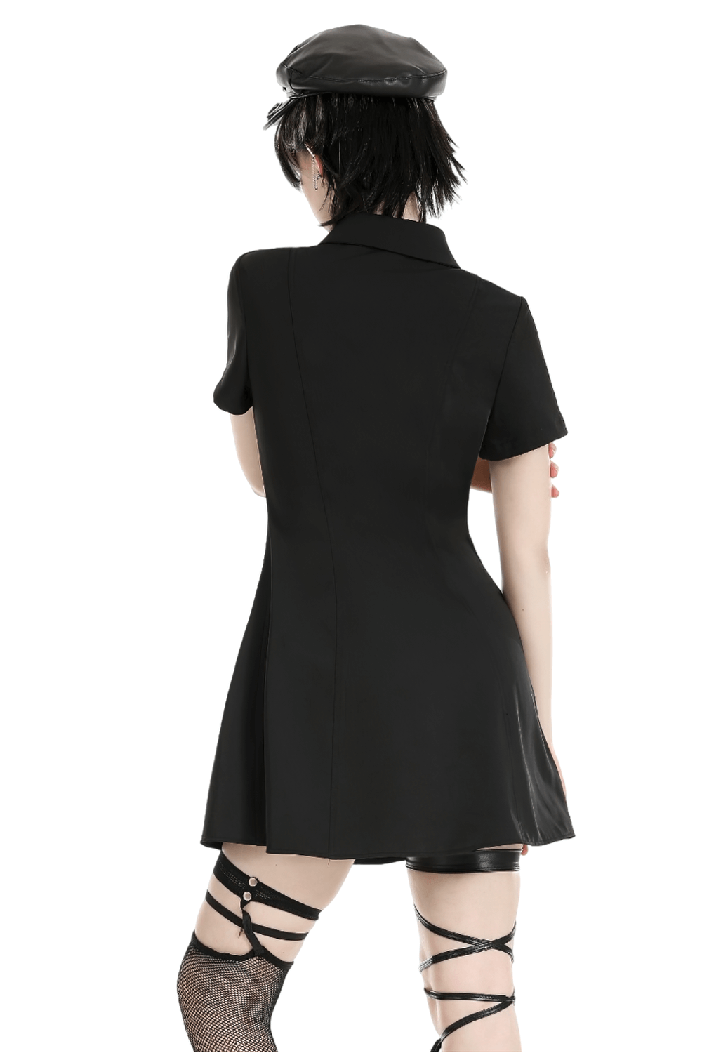 Back view of a gothic black mini dress with short sleeves and a flared skirt, perfect for edgy fashion statements.