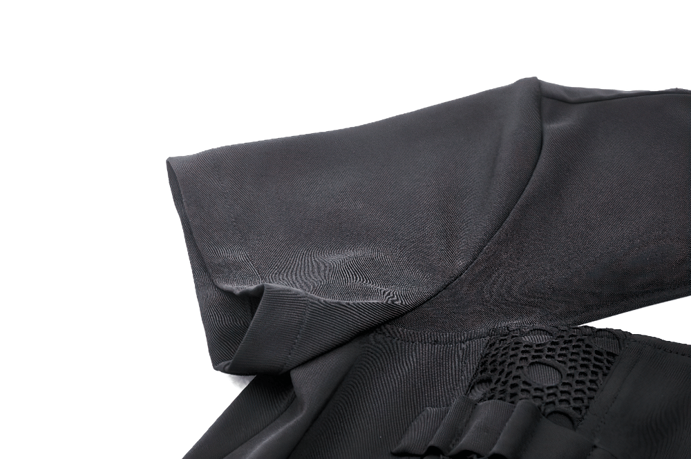 Close-up of the short sleeve and fabric details of a Gothic black mini dress with unique cut-out design.