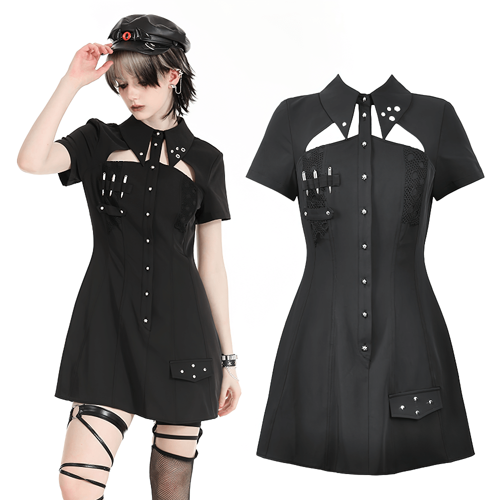 Gothic black mini dress with metal studs, pockets, and cut-out details, perfect for bold fashion statements.