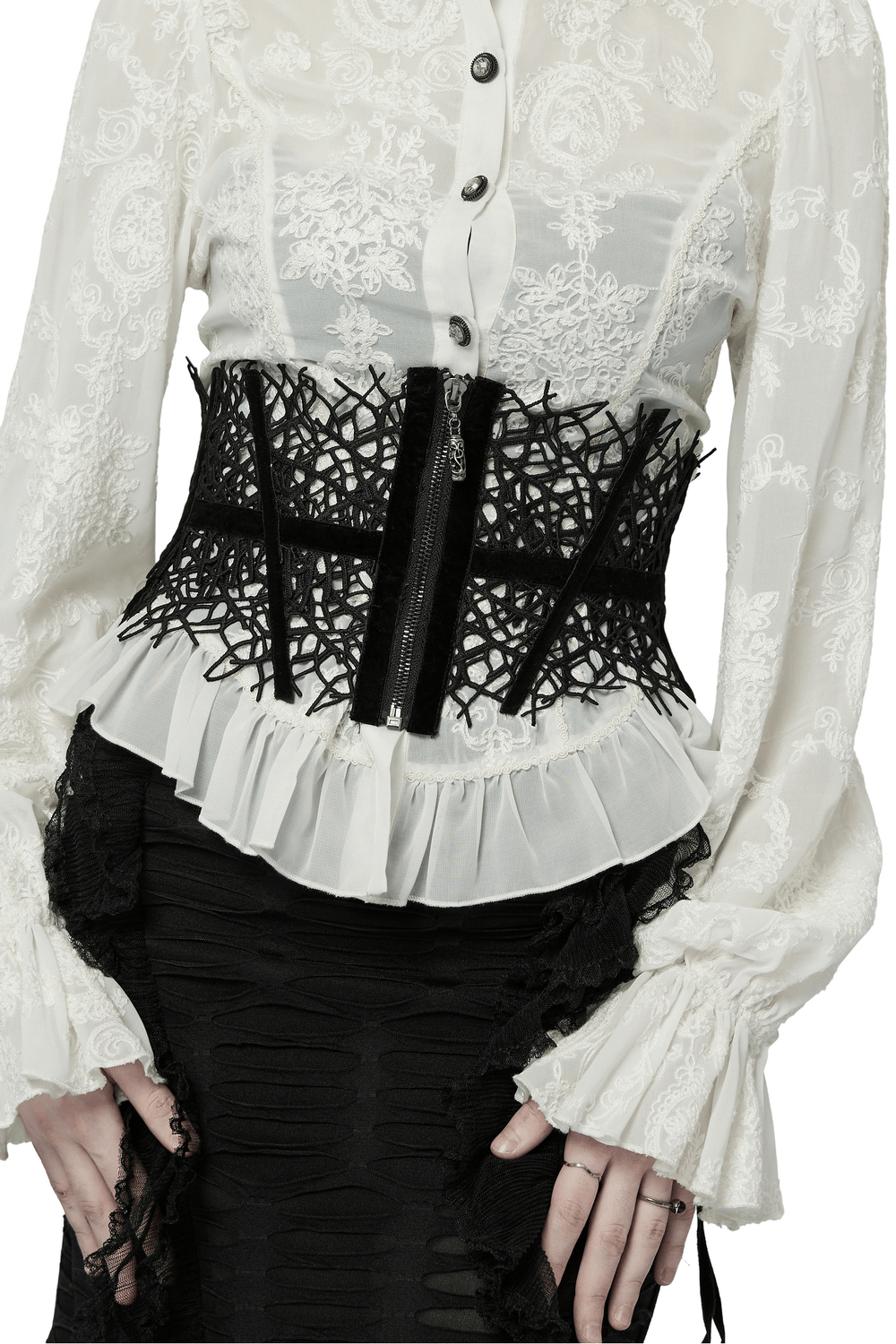 Gothic black net corset belt with zipper, styled over a white vintage blouse.