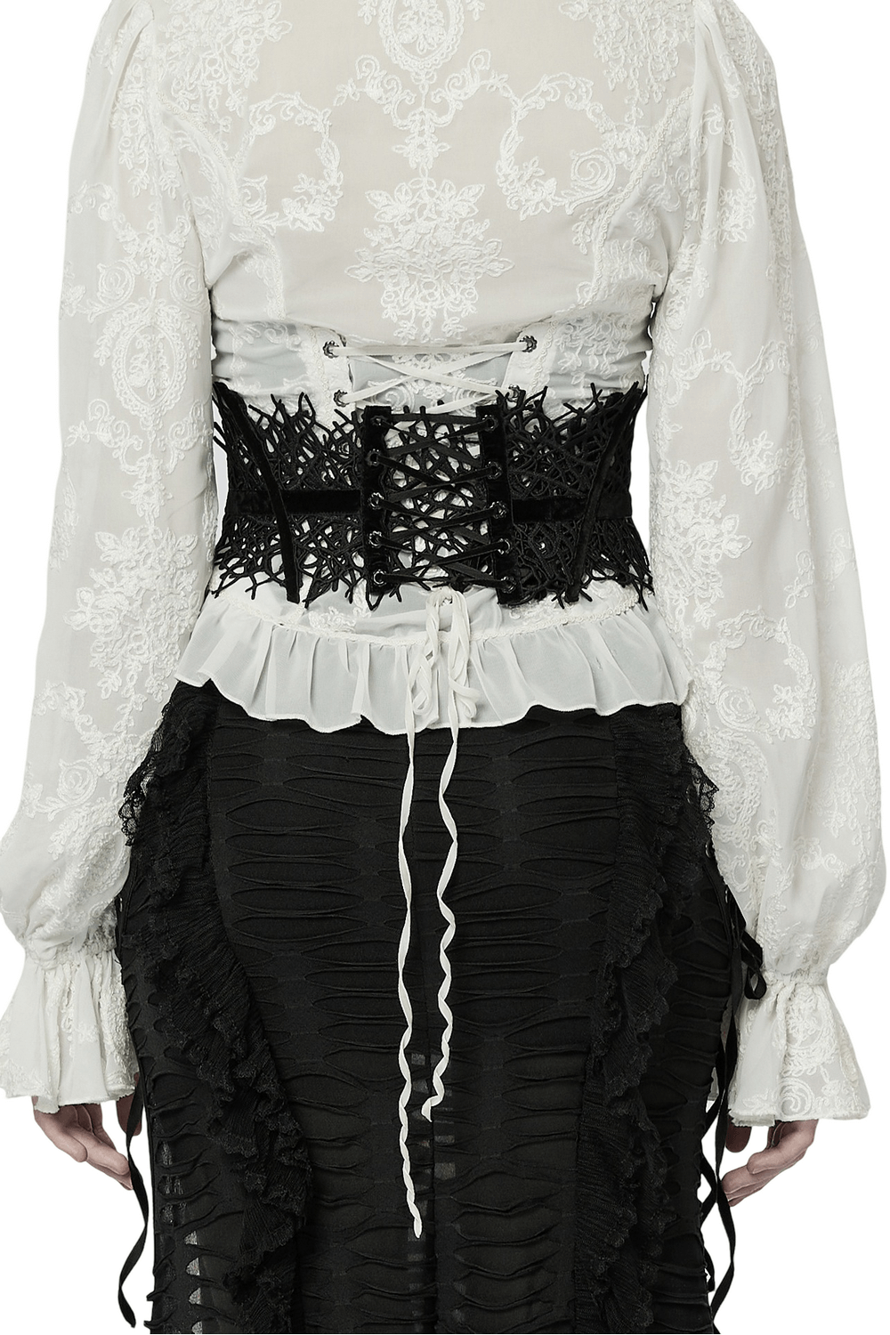 Back view of a gothic black net corset belt with lace details, paired with a vintage white blouse.