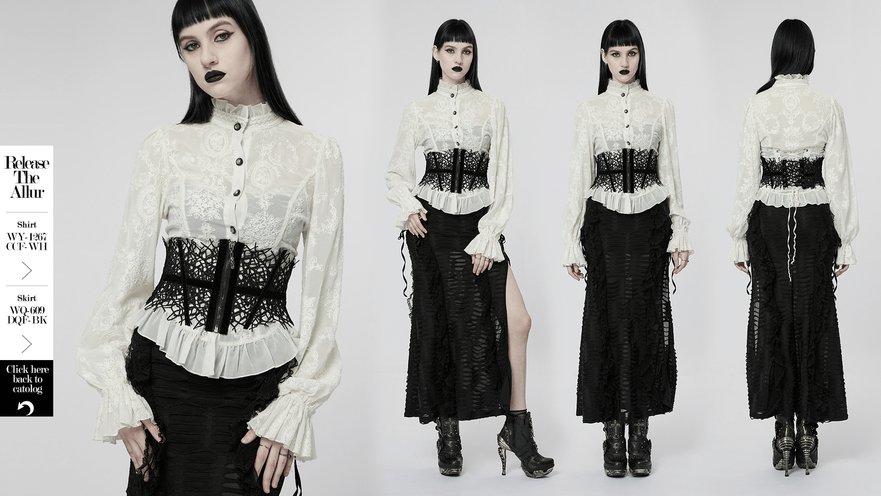 Gothic black net corset belt on model, paired with elegant white blouse and black skirt for a dramatic look.