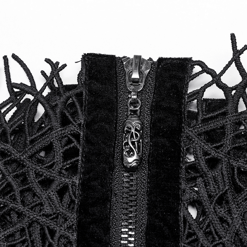 Close-up of Gothic black net corset belt with zipper and velvet webbing details for women.