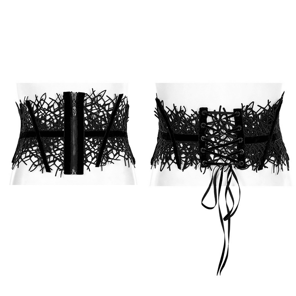 Gothic black net corset belt for women, featuring a vine design, engraved zipper, and adjustable ties for a custom fit.