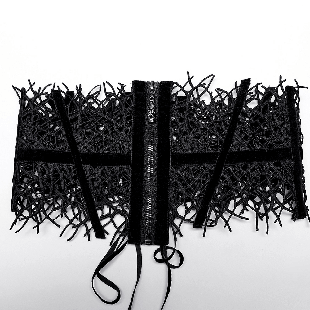 Gothic black net corset belt with zipper for women, featuring vine-shaped design and adjustable ties, stunning statement piece.