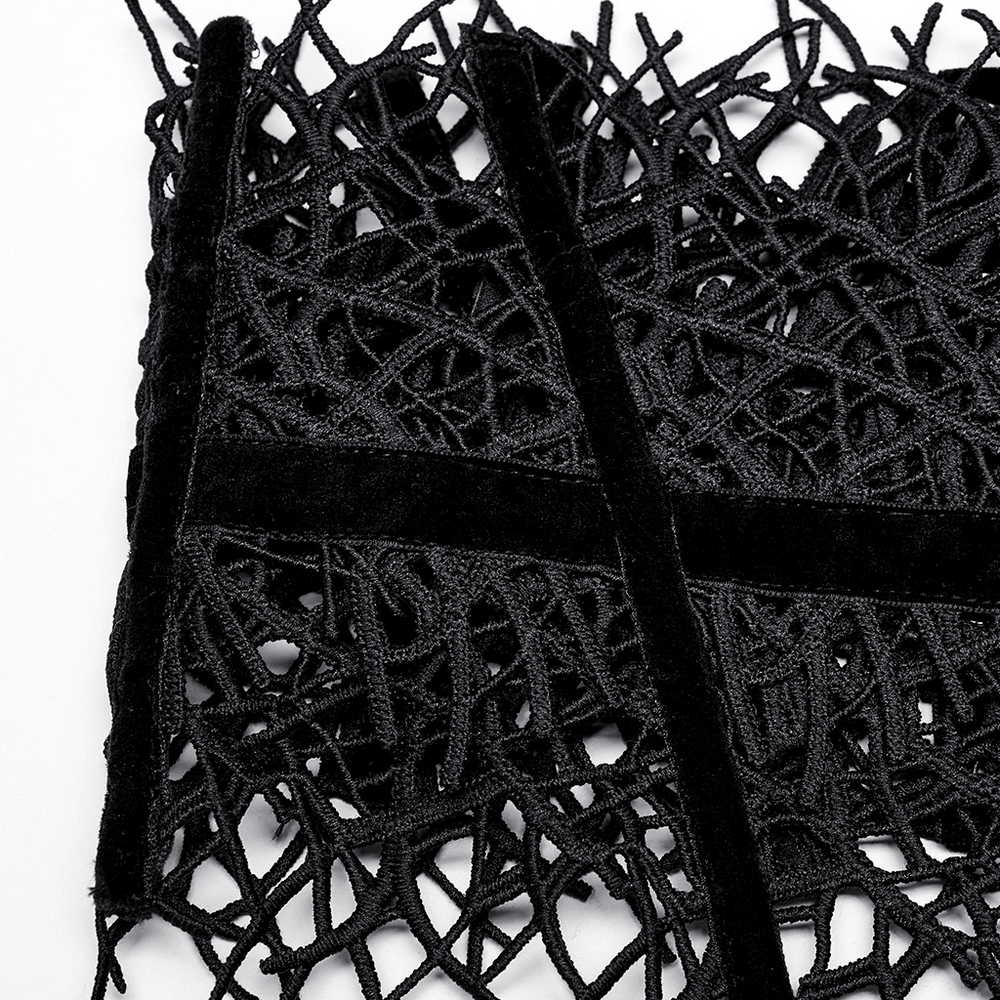 Gothic black corset belt featuring vine-shaped laced net design and luxurious velvet webbing.