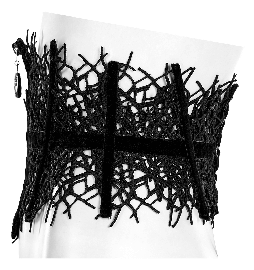 Gothic black net corset belt with zipper, featuring vine design and adjustable back ties for a bold statement.