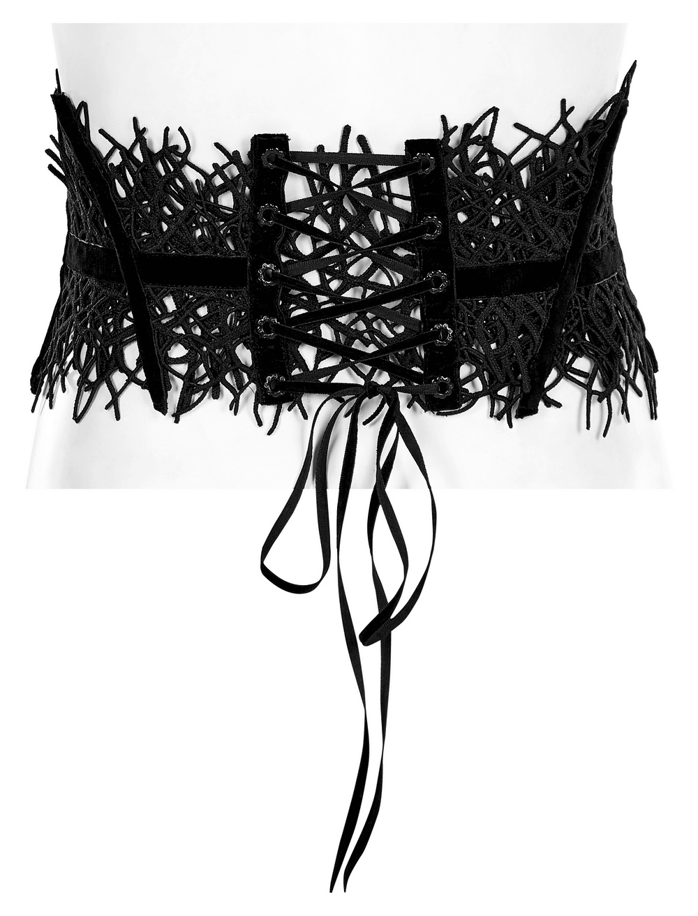 Gothic black net corset belt with vine design, featuring lace-up front and adjustable back ties for a custom fit.