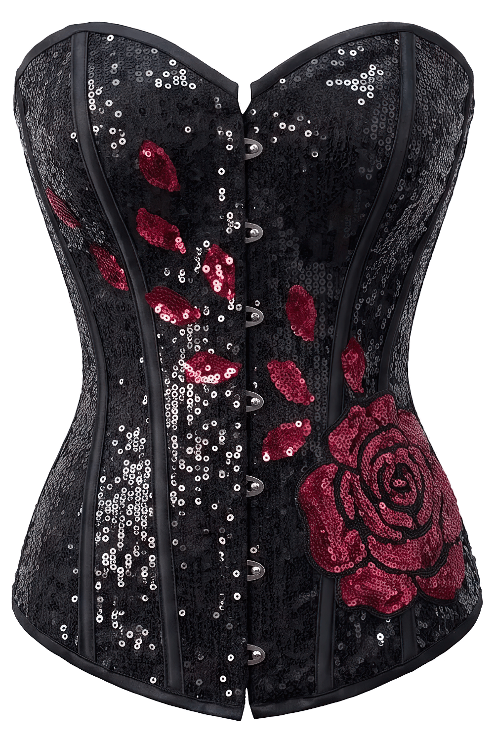 Gothic Black Overbust Corset with Crimson Rose Embellishment, black sequin sweetheart bustier with rose motif