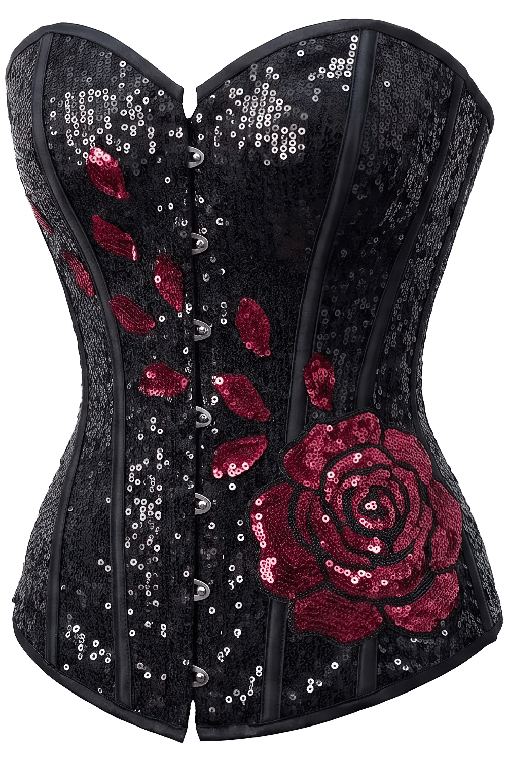 Gothic Black Overbust Corset with Crimson Rose Embellishment, black sweetheart bustier with sequins and front busk closure