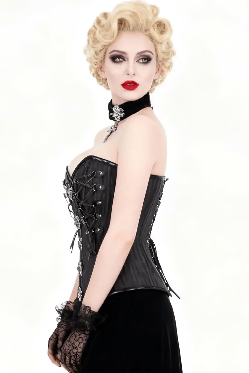 Gothic Black Overbust Corset with Silver Clasp Front Detail, dramatic Victorian waist cincher with lace-up back