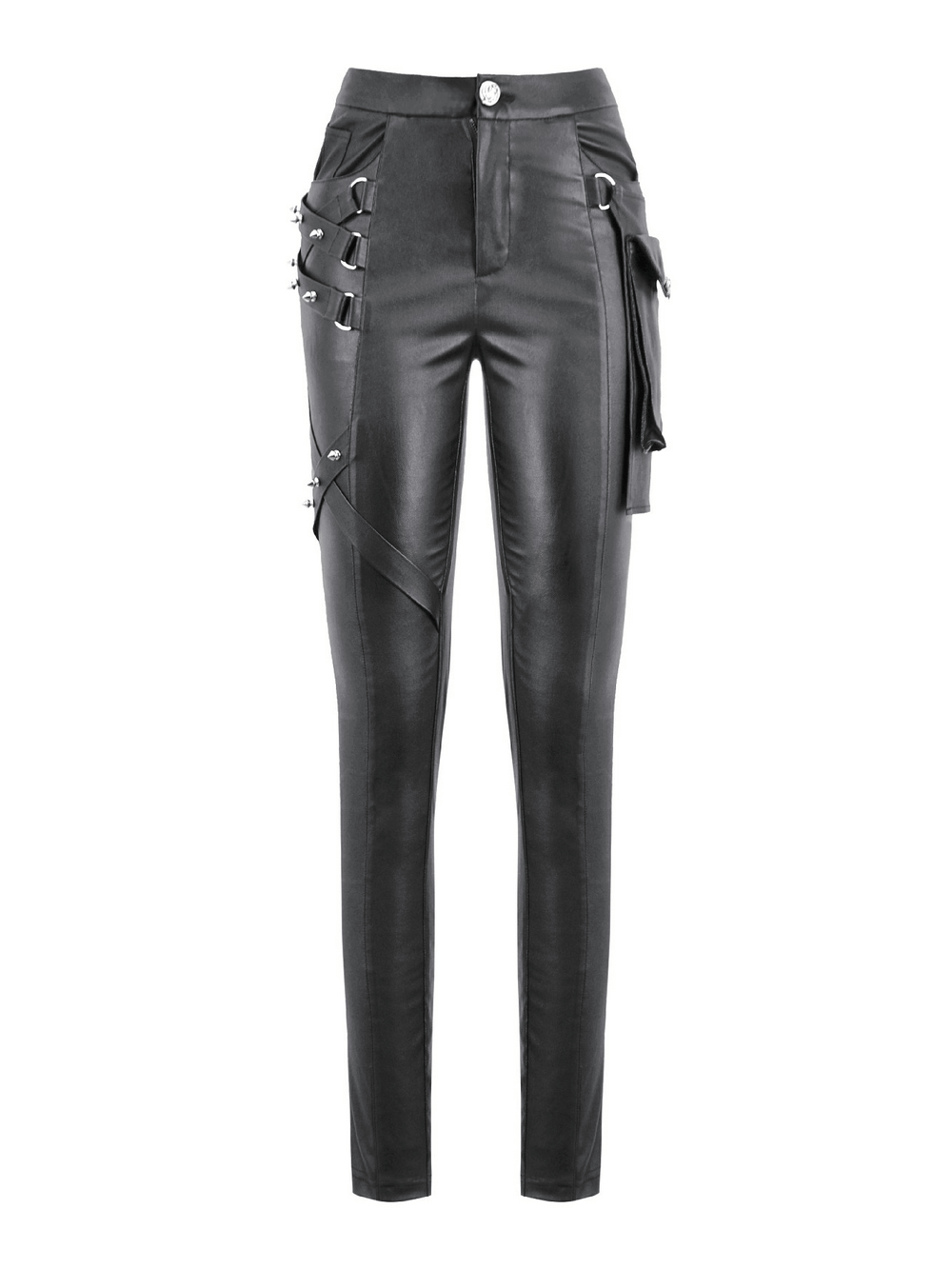 Gothic Black Pants with Buckle Detail and Side Pocket featuring buckle straps and a sleek faux leather look.