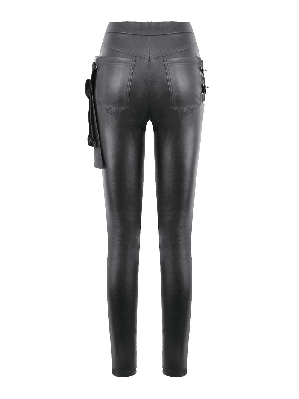 Gothic Black Pants with Buckle Detail and Side Pocket, showcasing the back view and stylish design.