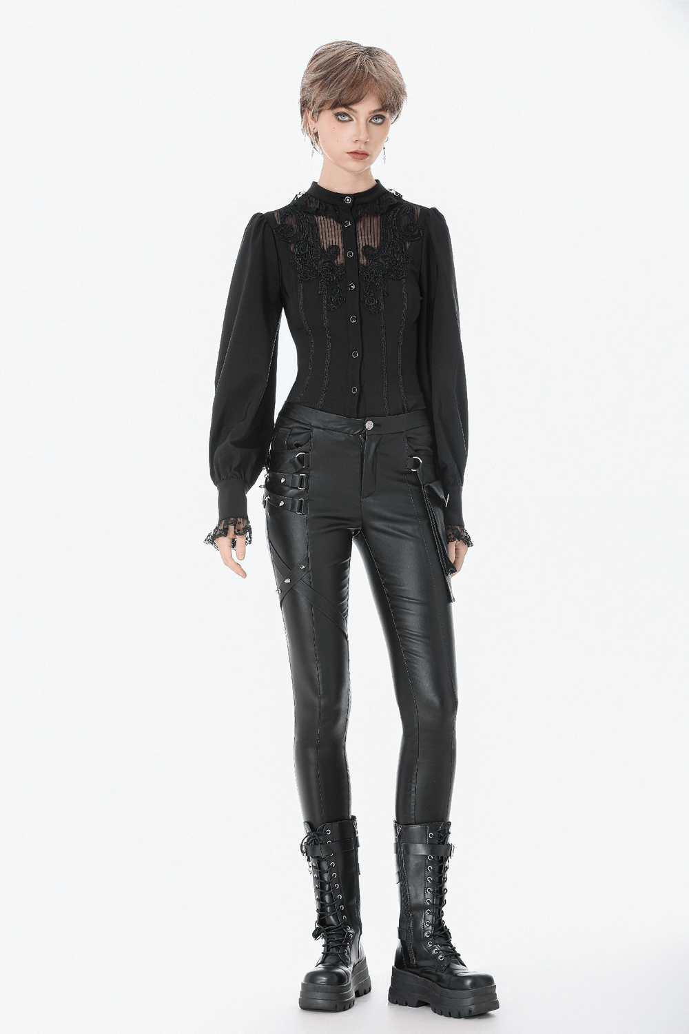 Gothic Black Pants with Buckle Detail and Side Pocket paired with a stylish black top for a punk look.