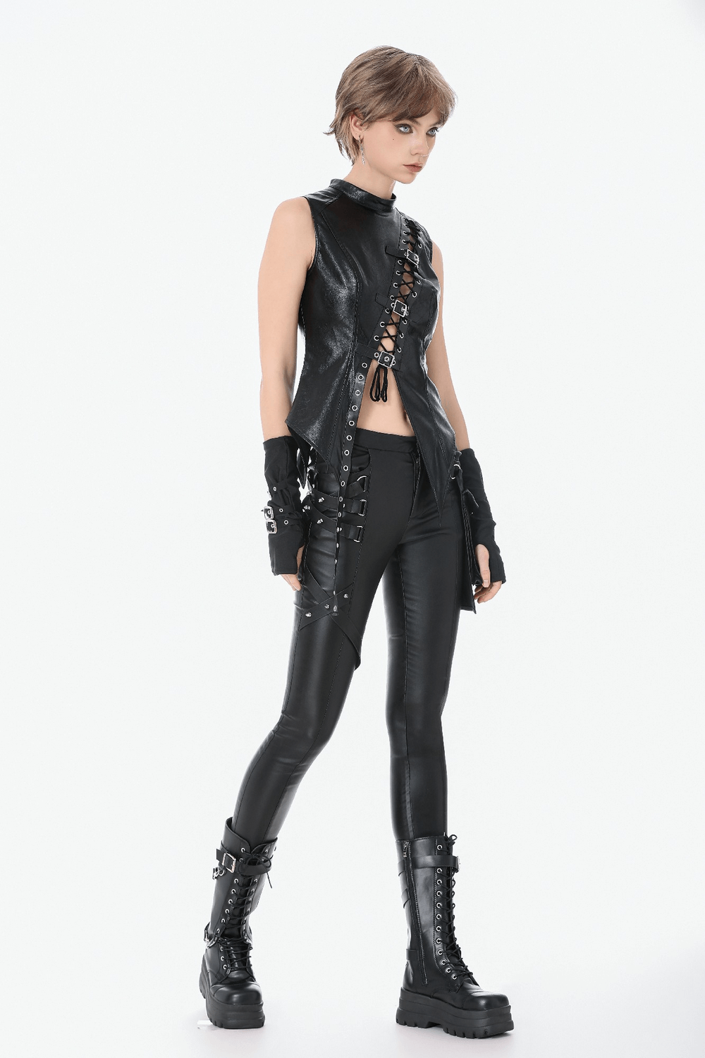 Gothic Black Pants with Buckle Detail and Side Pocket paired with a stylish sleeveless top and edgy boots.