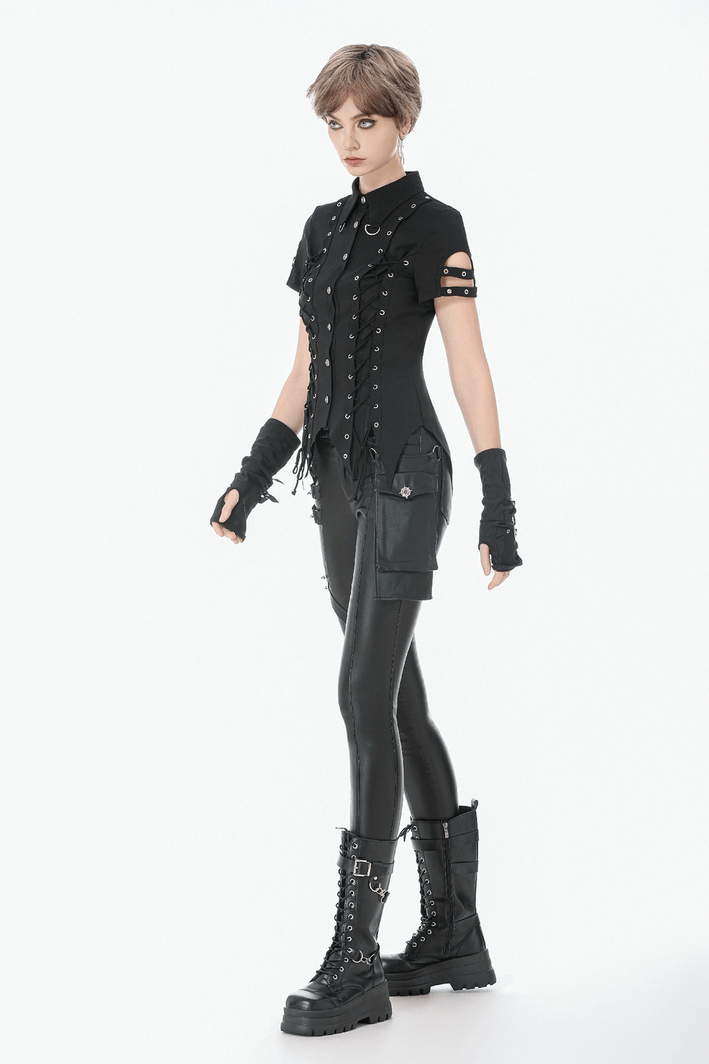Gothic Black Pants with Buckle Detail and Side Pocket worn with a stylish outfit featuring edgy accessories.