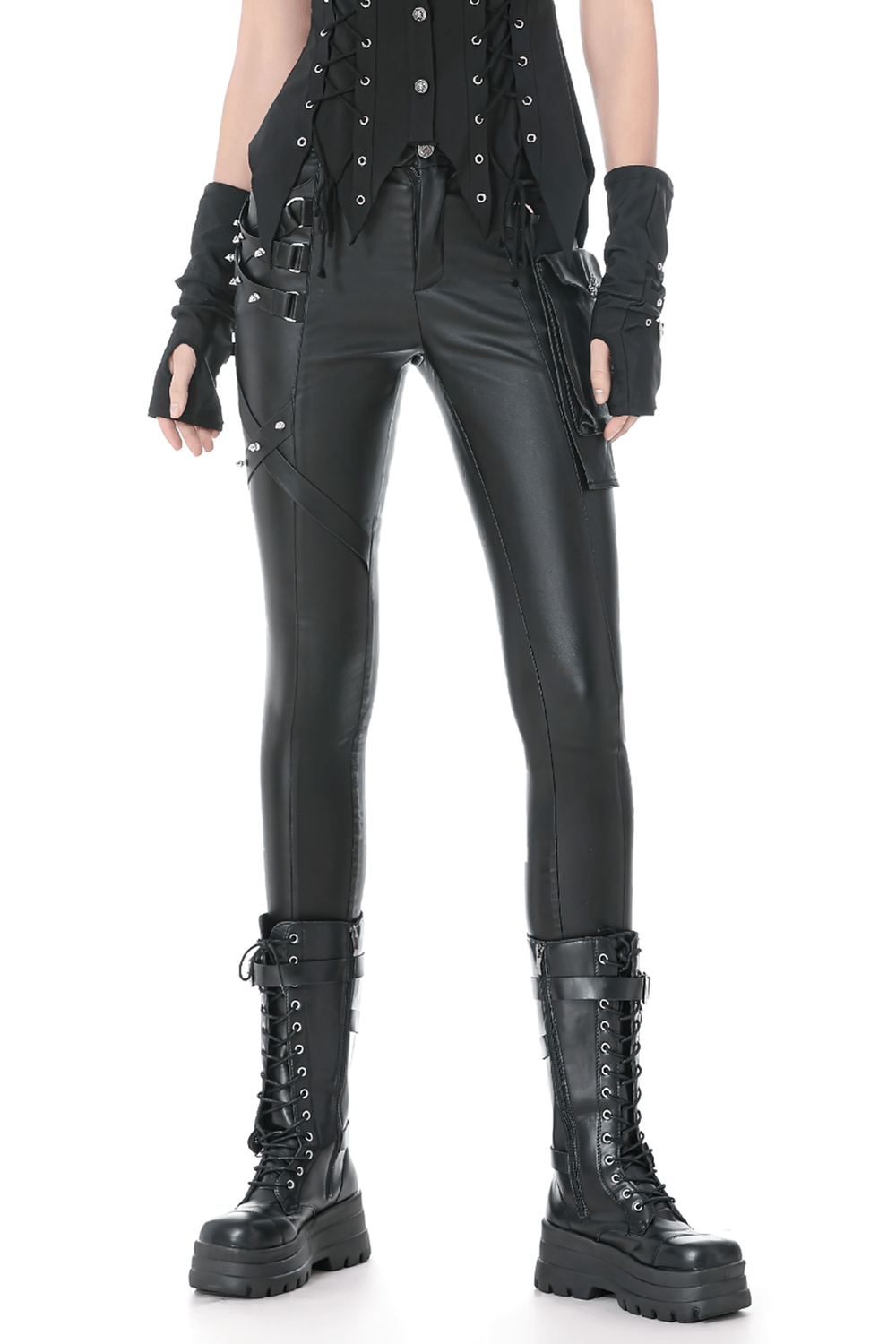 Gothic Black Pants with Buckle Detail and Side Pocket paired with edgy accessories and combat boots.