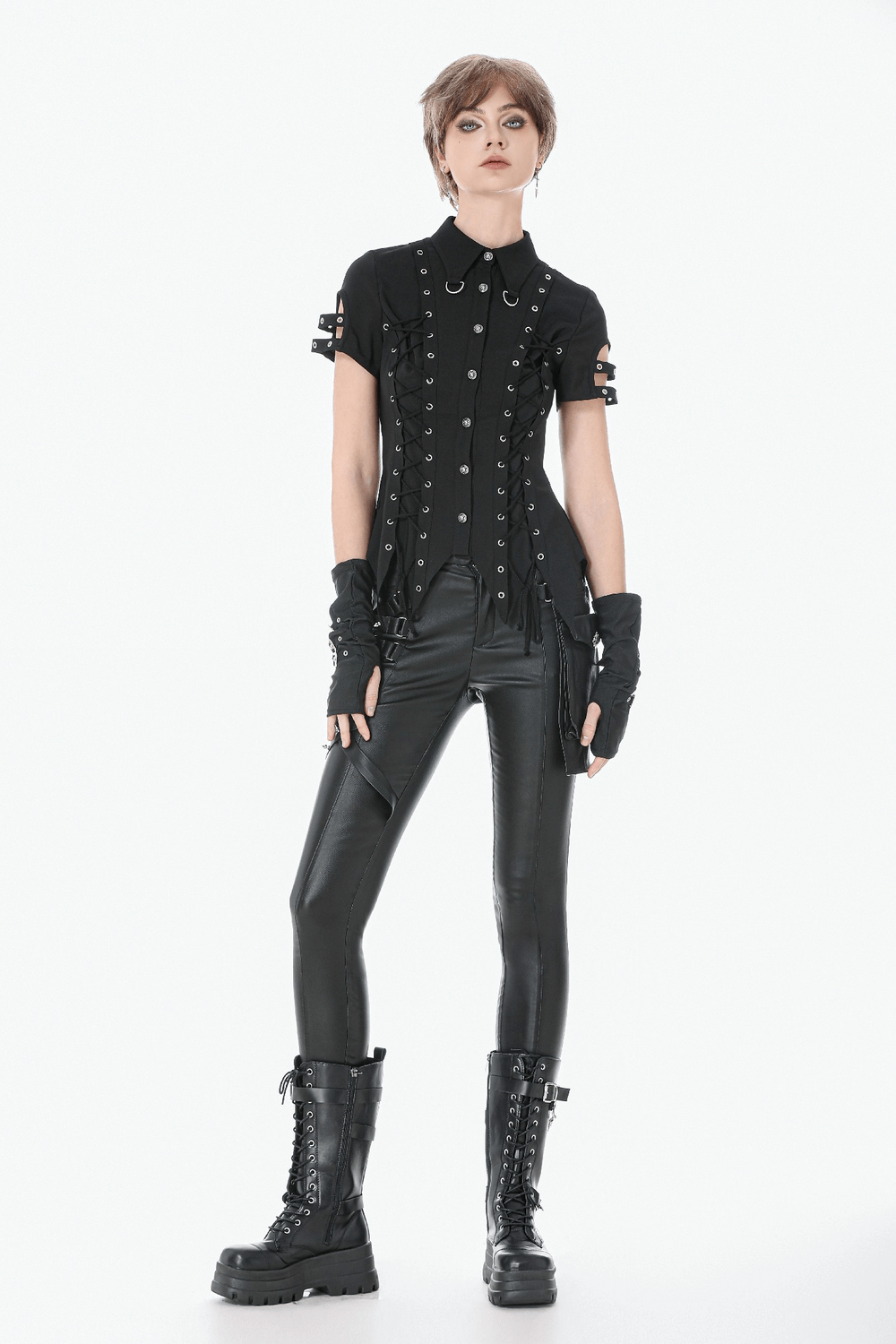 Gothic Black Pants with Buckle Detail and Side Pocket styled with a matching edgy top and combat boots.