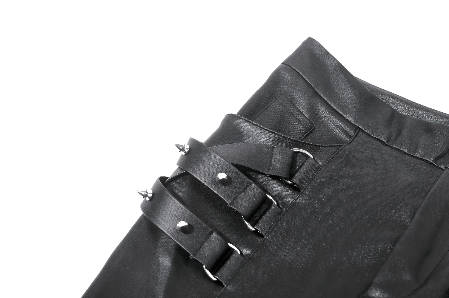 Gothic Black Pants with Buckle Detail and Side Pocket showing edgy buckle straps.
