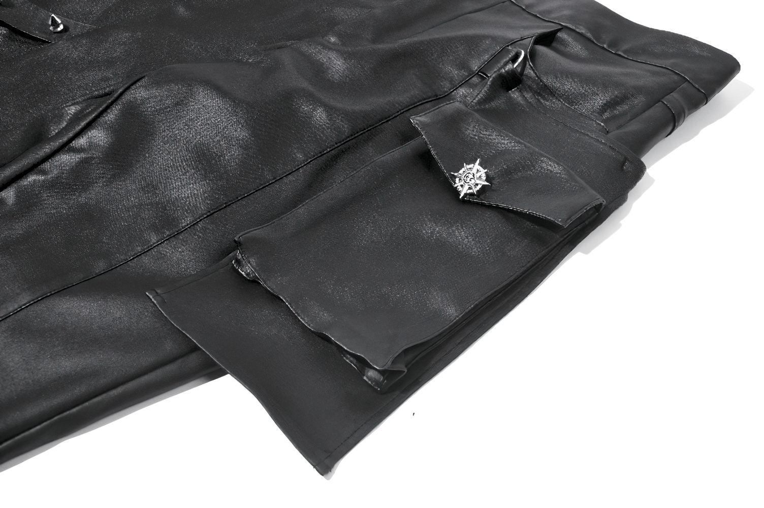 Gothic Black Pants with Buckle Detail and Side Pocket showcasing a sleek black faux leather fabric and unique buckle detail.