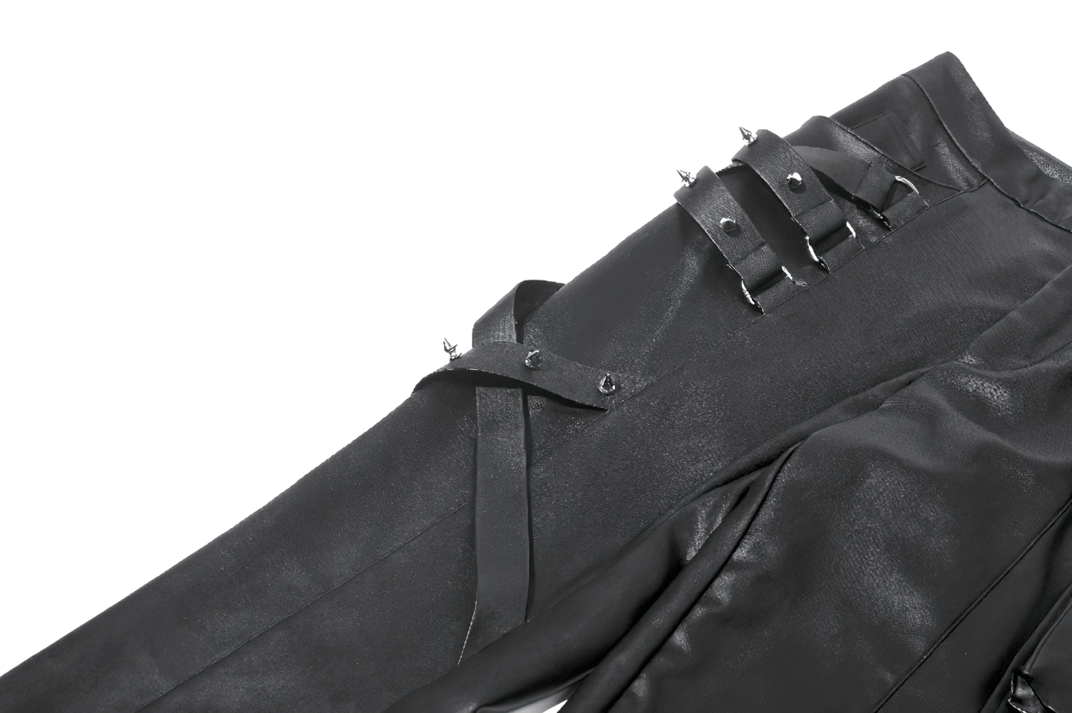 Gothic Black Pants with Buckle Detail and Side Pocket featuring edgy buckle straps and sleek faux leather design.