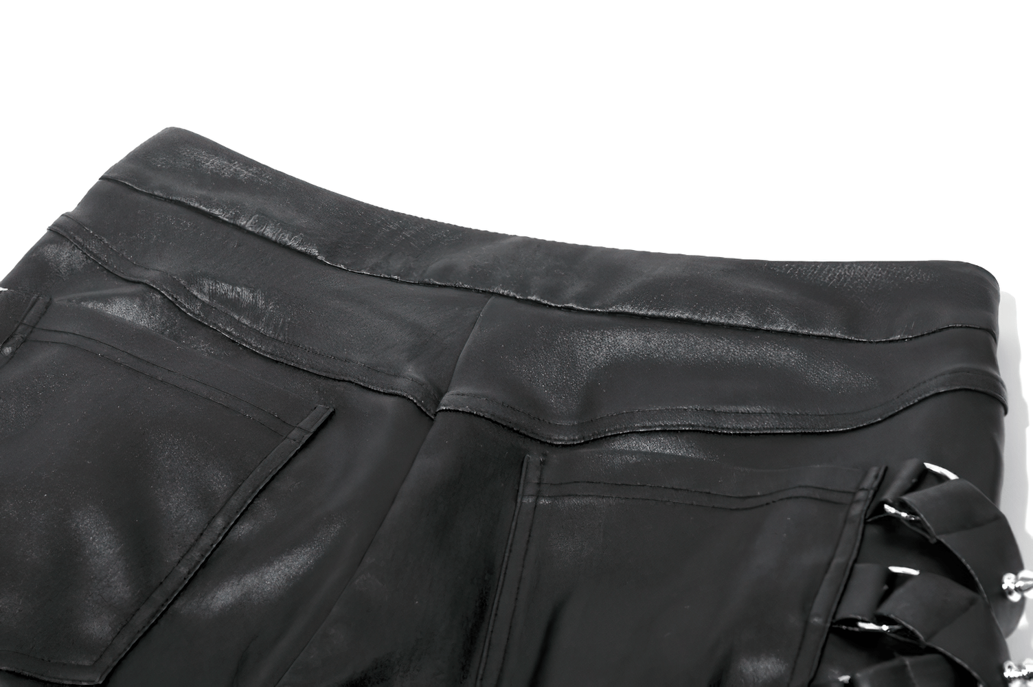 Gothic Black Pants with Buckle Detail and Side Pocket showcasing the sleek faux leather and edgy buckle straps.