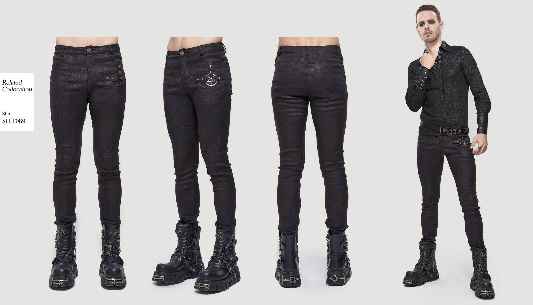 Men's gothic black slim pants featuring a metal pentagram, perfect for punk fashion statement.