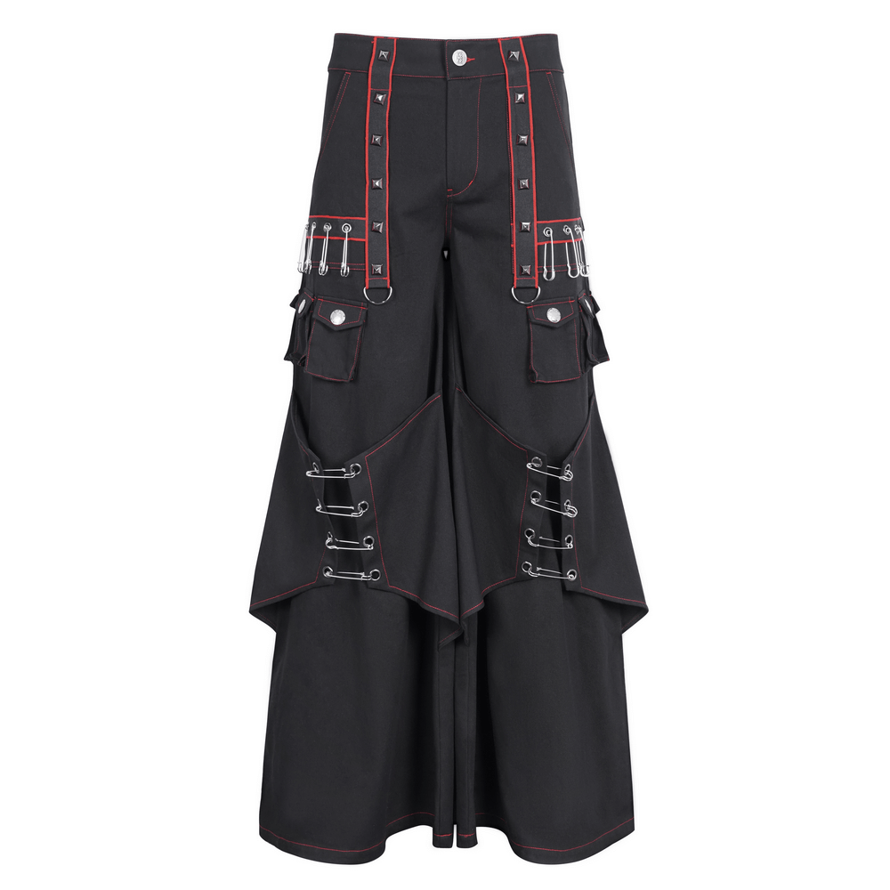 Gothic black trousers with red stitching and metal accents, featuring pockets and an edgy layered design.
