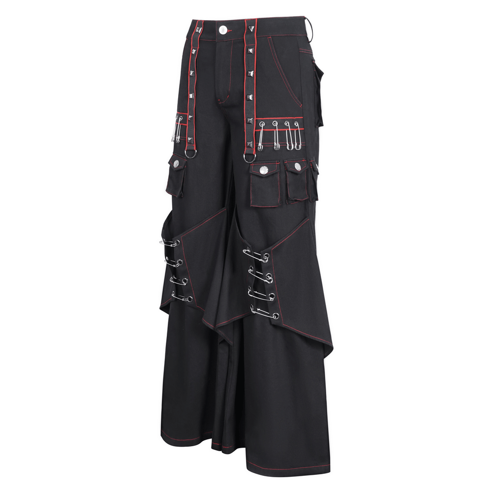 Edgy Gothic black pants with red stitching, metal accents, and multiple pockets for a bold fashion statement.
