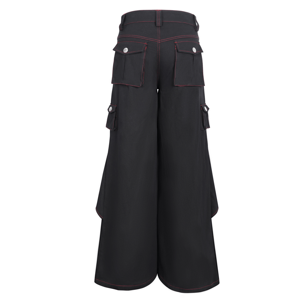 Gothic black loose trousers with red stitching and metal accents, showcasing stylish pockets for an edgy look.