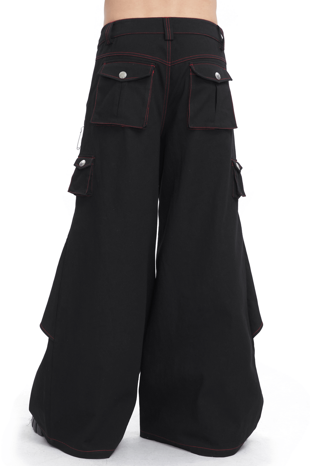 Back view of Gothic black pants with red stitching and metal accents, featuring large pockets for edgy style.
