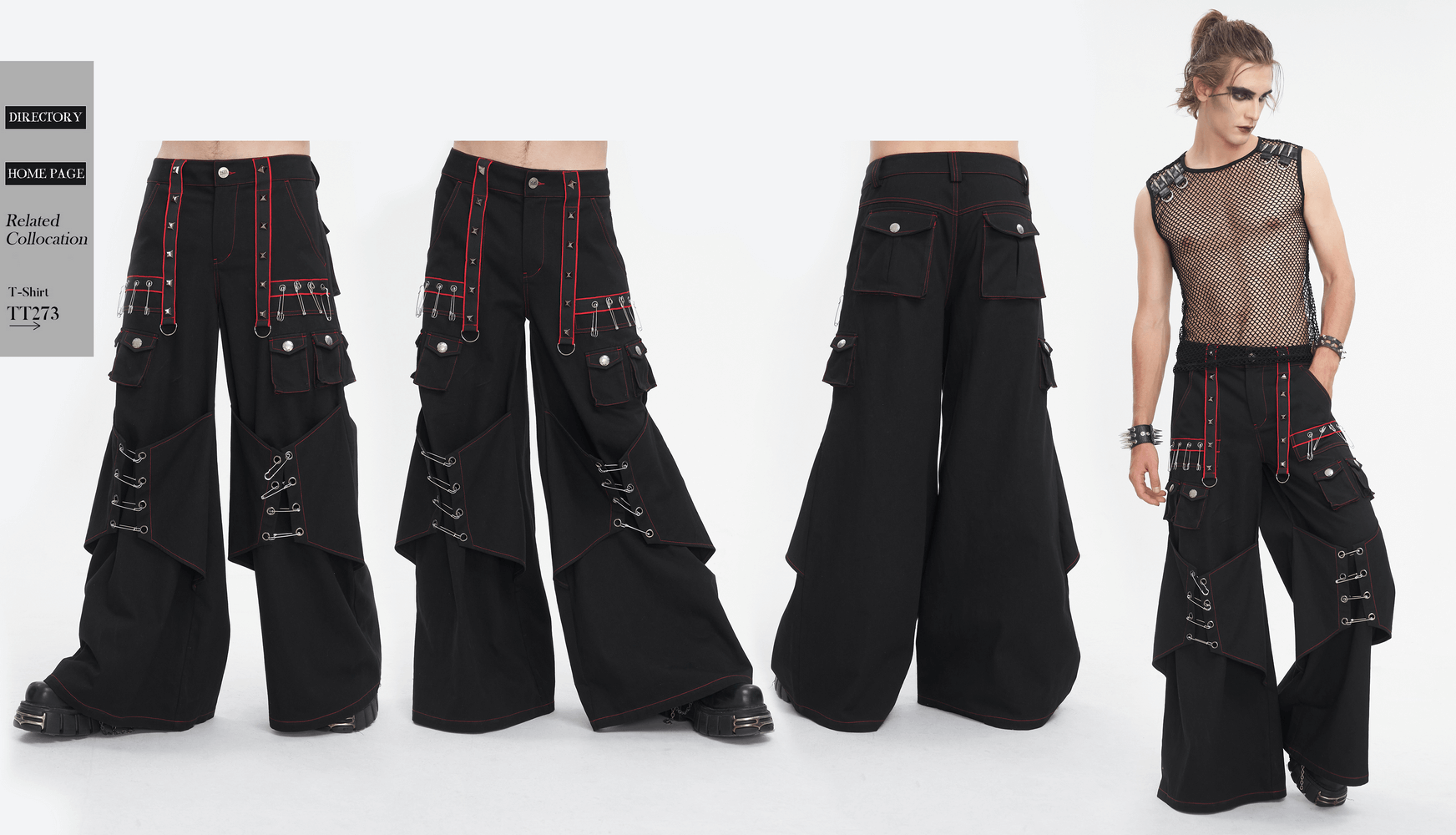 Gothic black loose trousers featuring red stitching and metal accents, perfect for edgy fashion lovers.