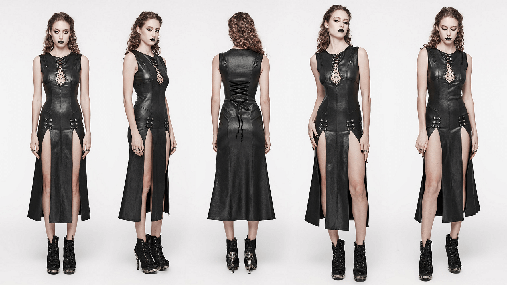 Gothic black patent leather dress showcasing double slits and snap buttons, featuring a drawstring design for a daring look.