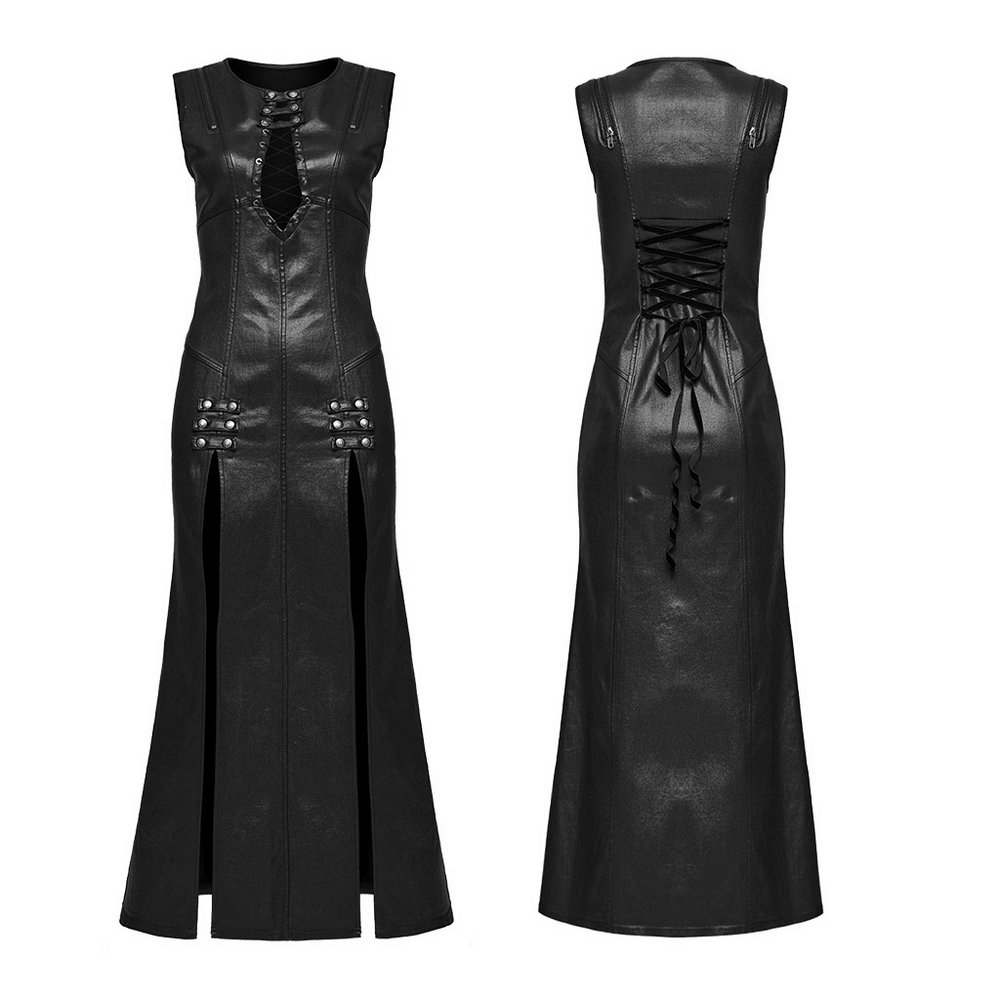 Gothic black patent leather dress with double slits and drawstring, showcasing an edgy sleeveless design.