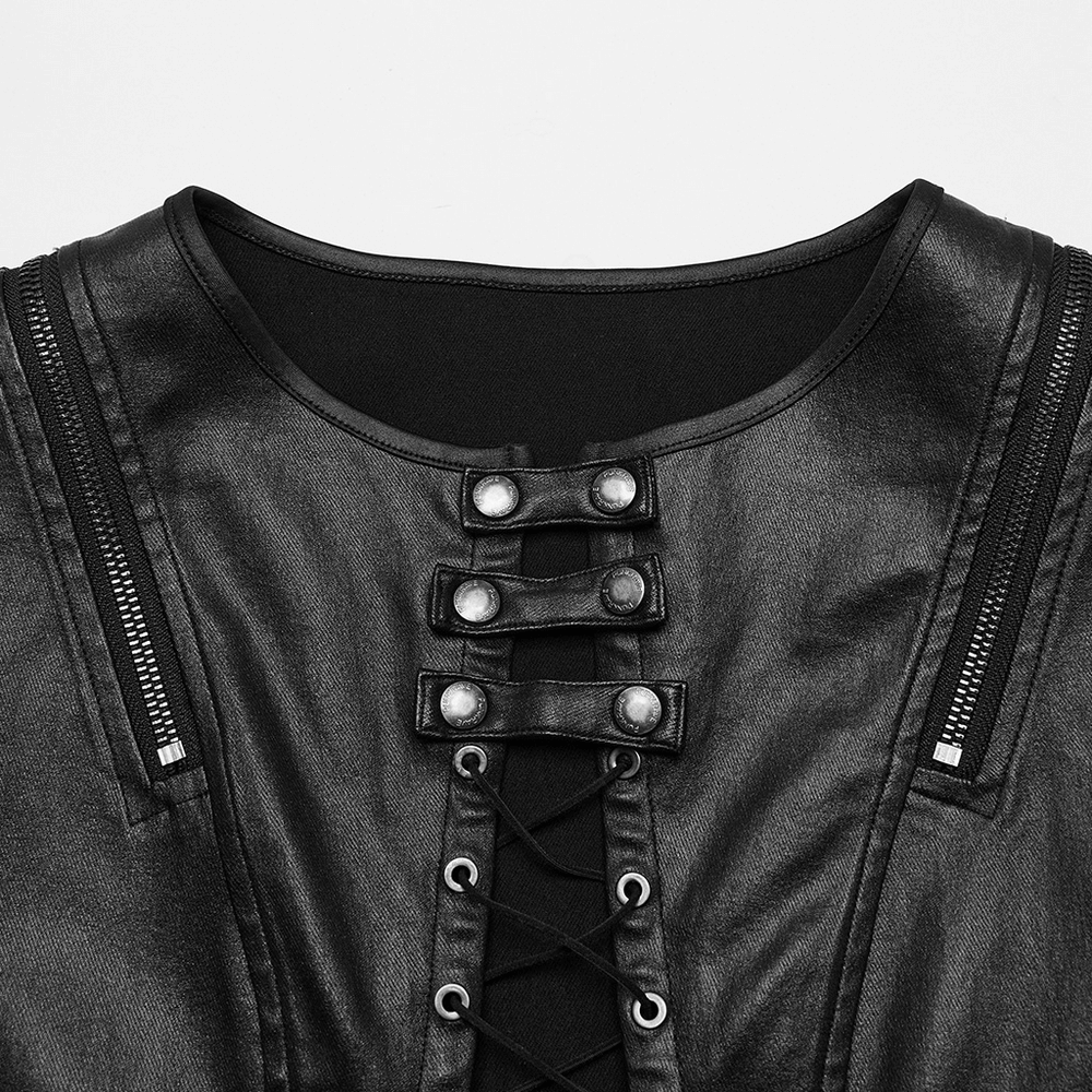 Close-up of Gothic black patent leather dress neckline featuring snap buttons and lace-up design.