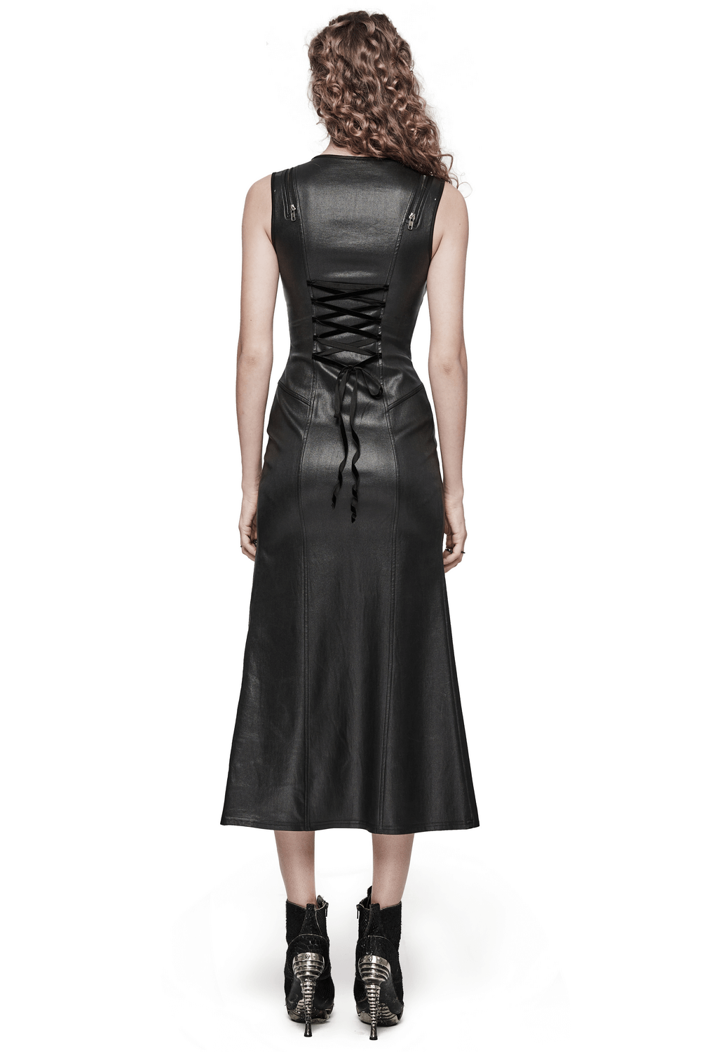 Back view of gothic black patent leather dress with drawstring and snap button details.