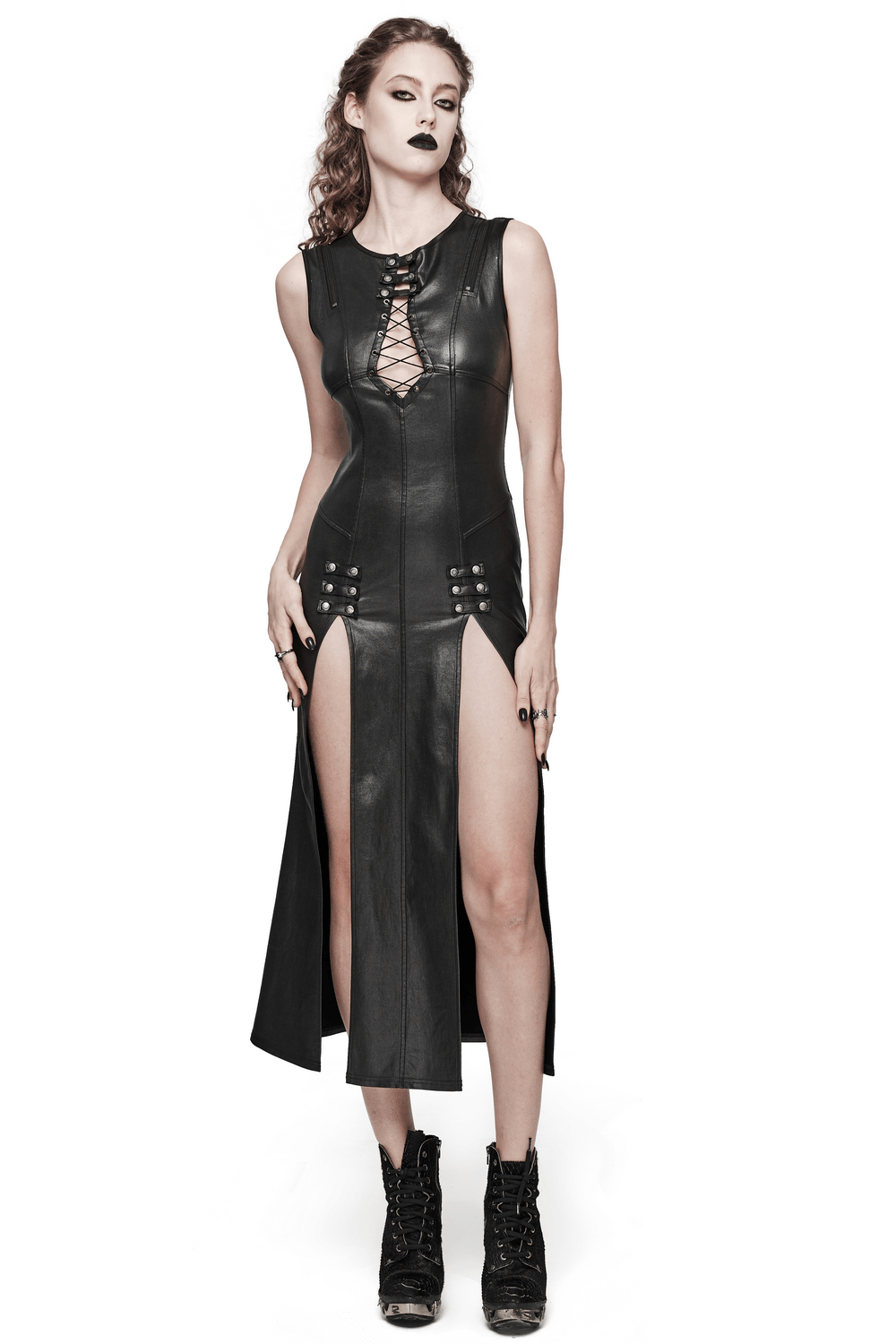 Gothic black patent leather dress with double slits, snap buttons, and drawstring design for a striking look.