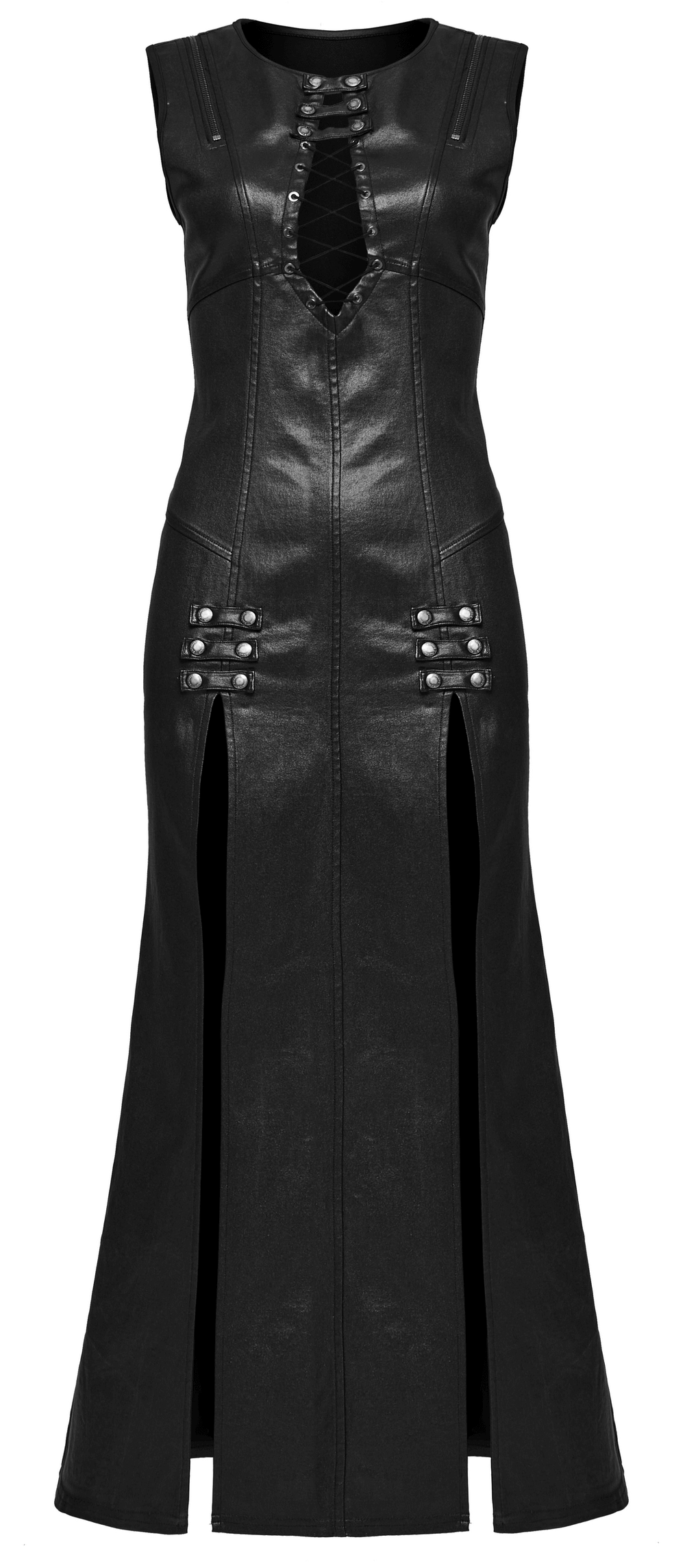 Gothic black patent leather dress with double slits, snap buttons, and drawstring design for an edgy silhouette.