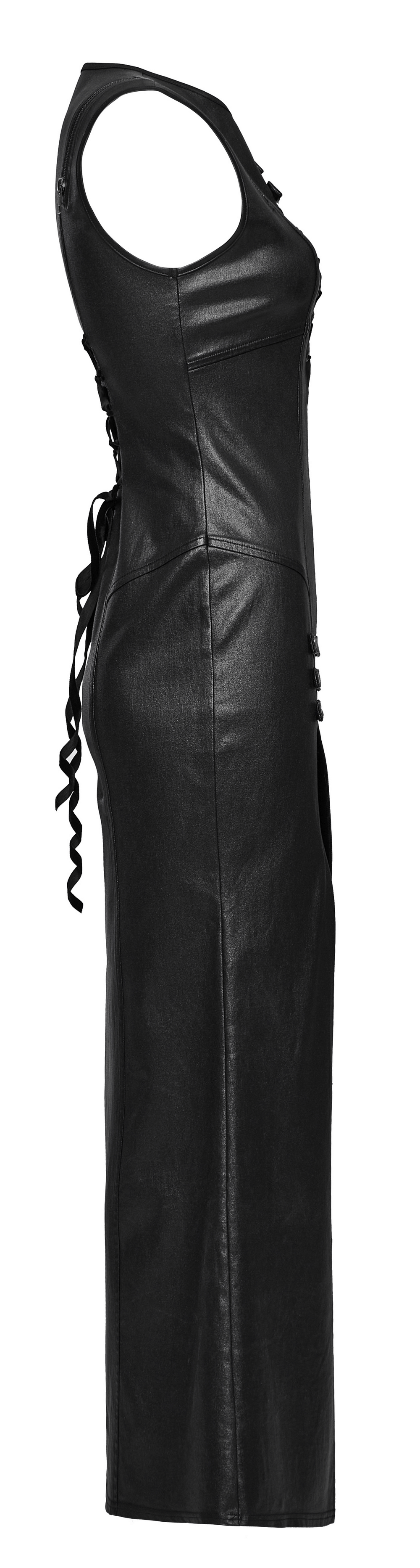 Gothic black patent leather dress with double slits and drawstring design, perfect for edgy fashion enthusiasts.