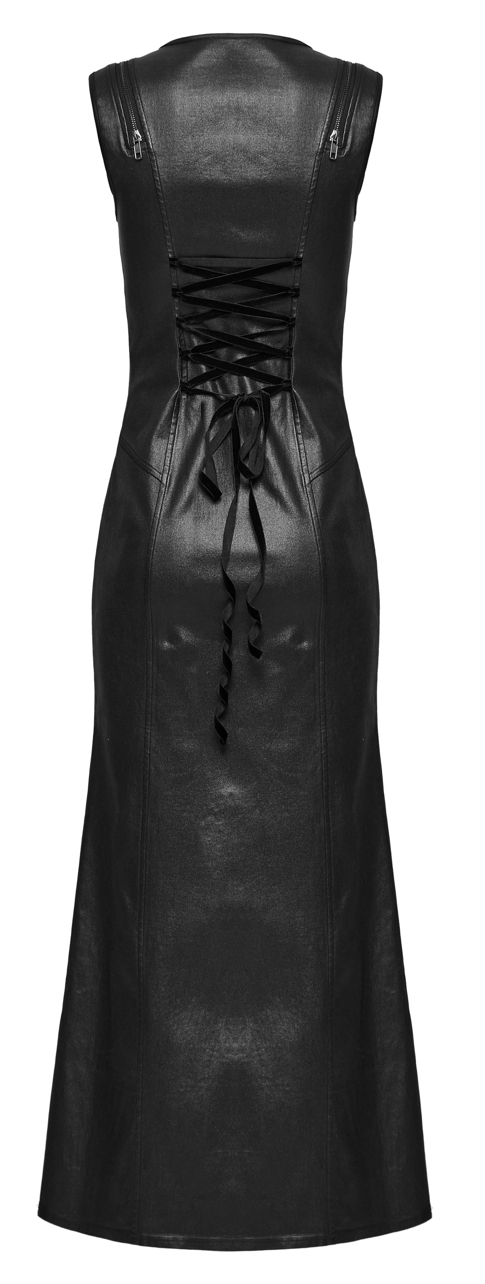 Back view of a gothic black patent leather dress with lace-up design and a sleek fit.