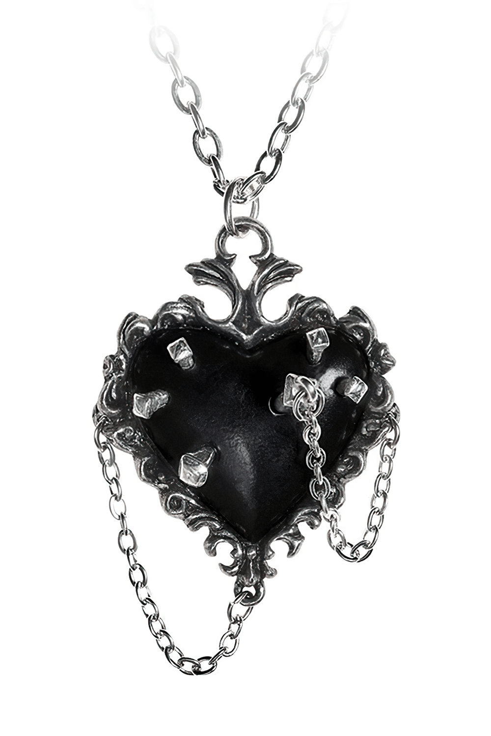 Gothic black pewter voodoo heart pendant with chain and nail details, perfect for dark rituals and enchanting fashion.